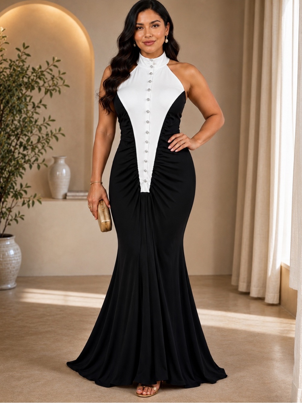 Sz L Monaco Pearl Evening Tuxedo Style ” Black & White Ruched Halter Maxi Dress